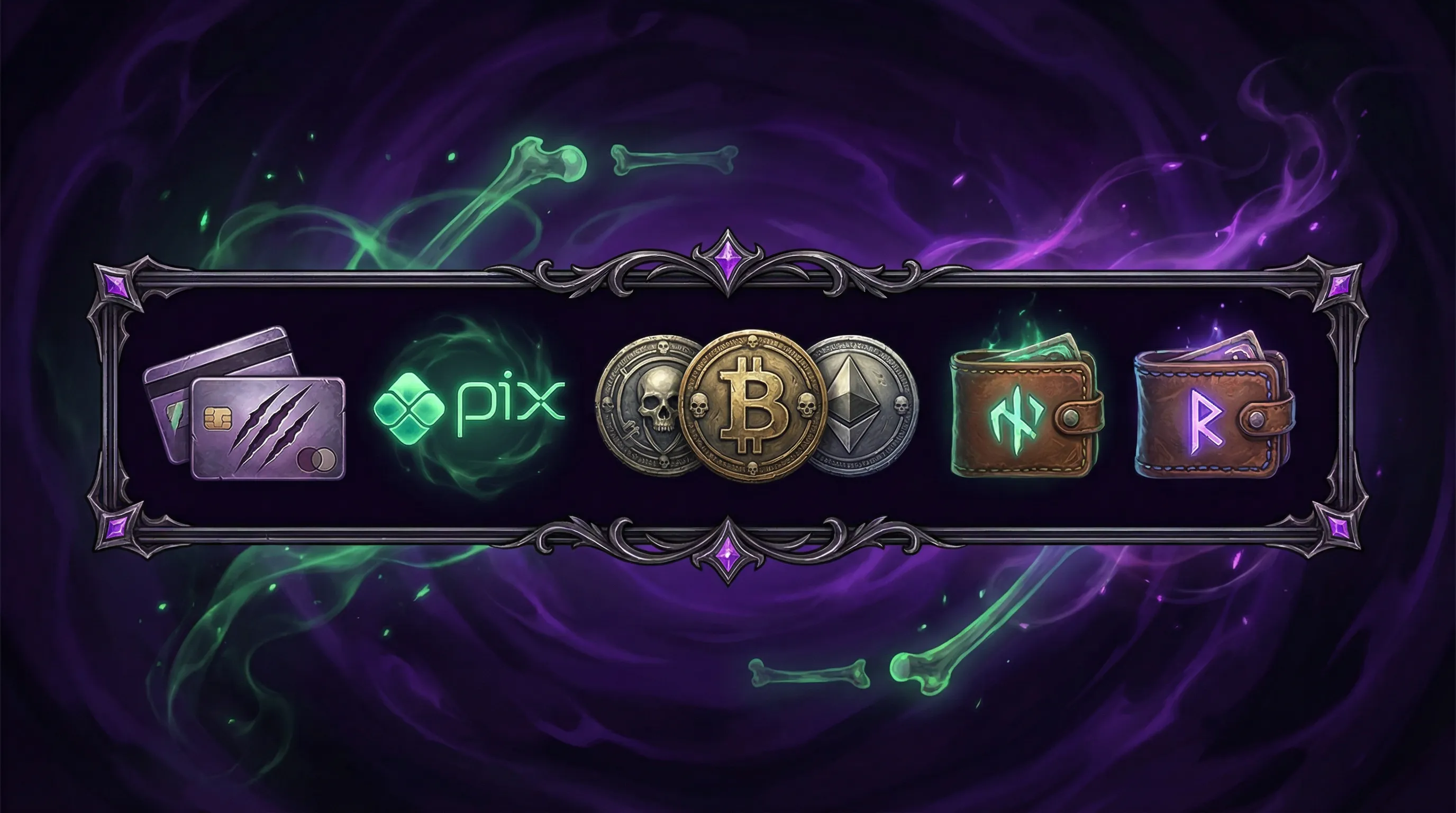 Métodos de pagamento disponíveis incluindo PIX, cartões e criptomoedas